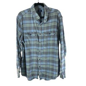 George Mens Flannel Shirt Button Down Chest Pockets Cotton Plaid Blue Green XL